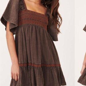 Free People Brown and Red Smocked Mini Sundress